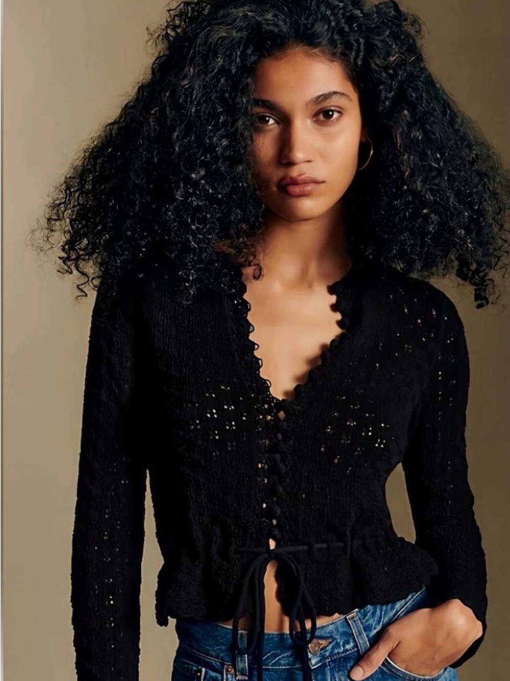 Sezane Black Lace-Trim Tie-Front V-Neck Top